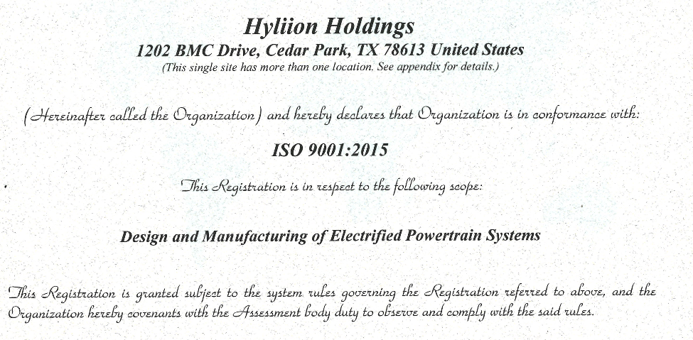 Hyliion Achieves ISO 9001 Certification for Quality Management Systems